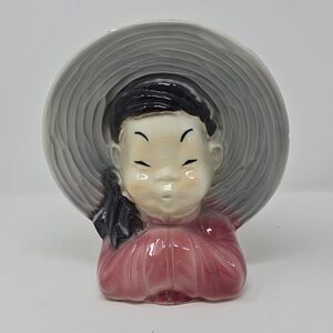 Vtg Royal Copley 1930's asian girl head vase wall pocket ceramic home decor